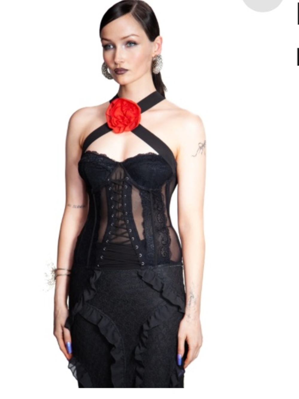 Black Lace Mesh Corset Camisole with Red Floral Accent